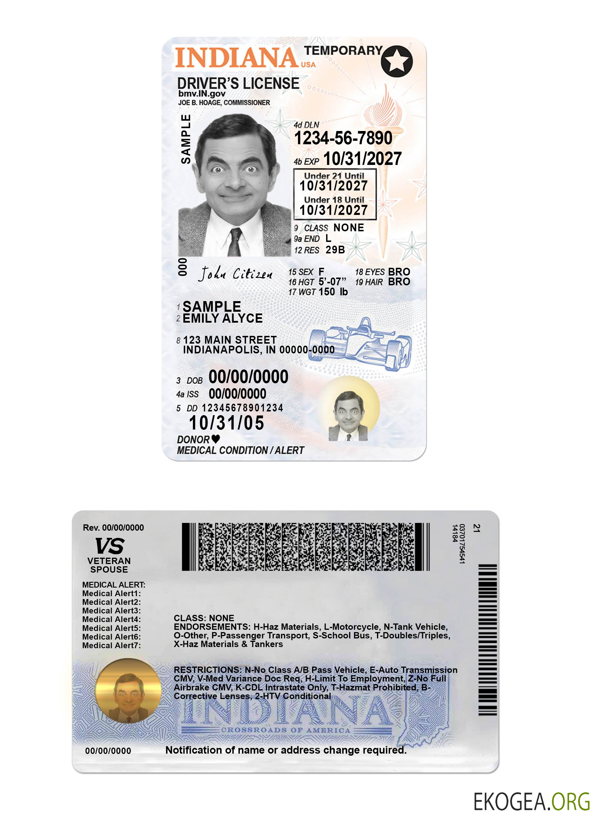 Usa Indiana driving license under 21 template